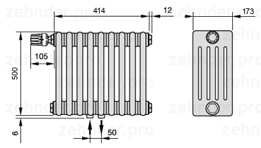 Схема (чертеж) Радиатор Zehnder Charleston 5050/9 №V007 Белый глянцевый RAL 9016